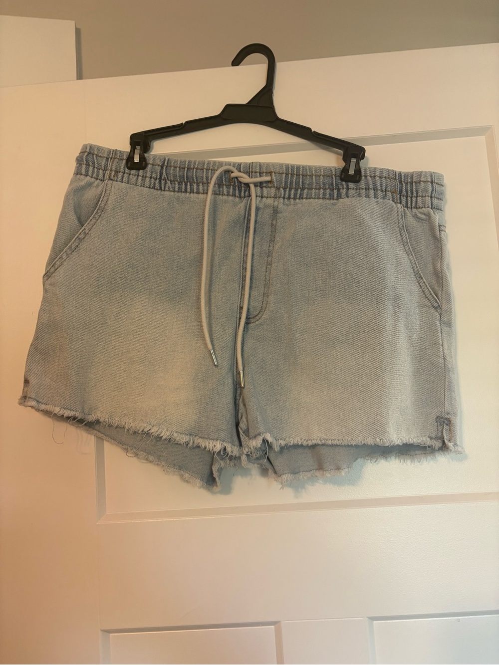 Celebrity Pink Light Blue Denim Drawstring Frayed Hem Shorts